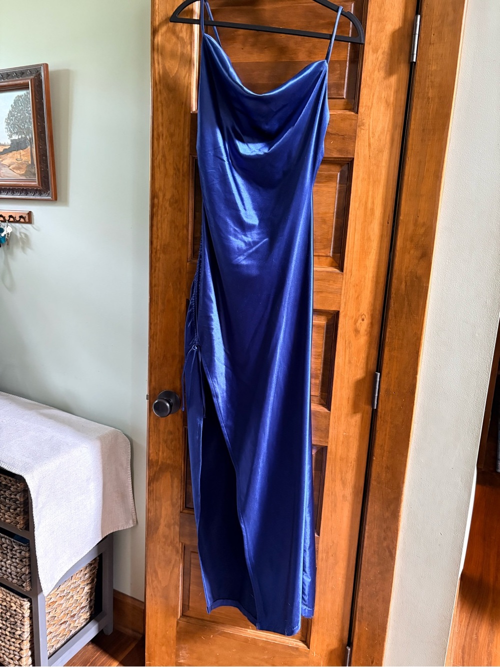 Windsor Blue Satin Prom Gown with Side Slit